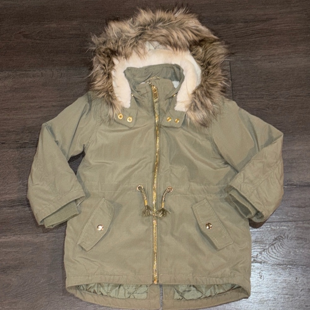 H&M Toddler Hooded Padded Parka w/Faux Fur Trim Size 3-4 Olive Green/Cream NWOT